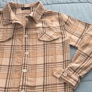 SHEIN Beige and Cream Plaid Button-Up Shacket